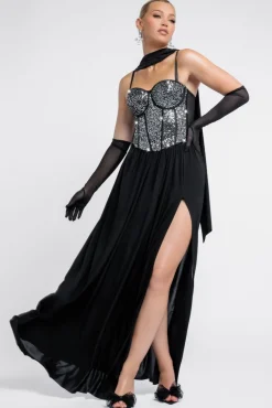 Sequin Corset Side Split Jersey Maxi Skirt With Scarf & Stretch Mesh Gloves - Black & Silver by Goddiva