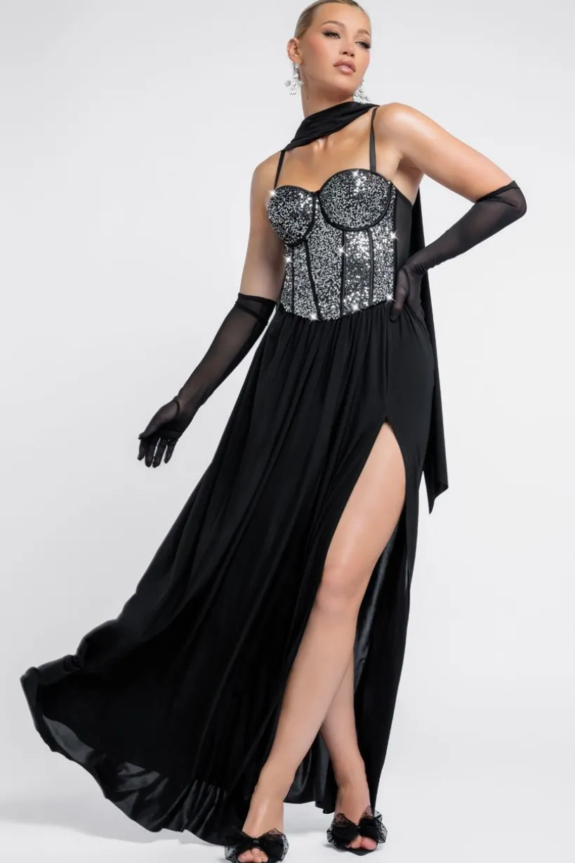 Sequin Corset Side Split Jersey Maxi Skirt With Scarf & Stretch Mesh Gloves - Black & Silver by Goddiva