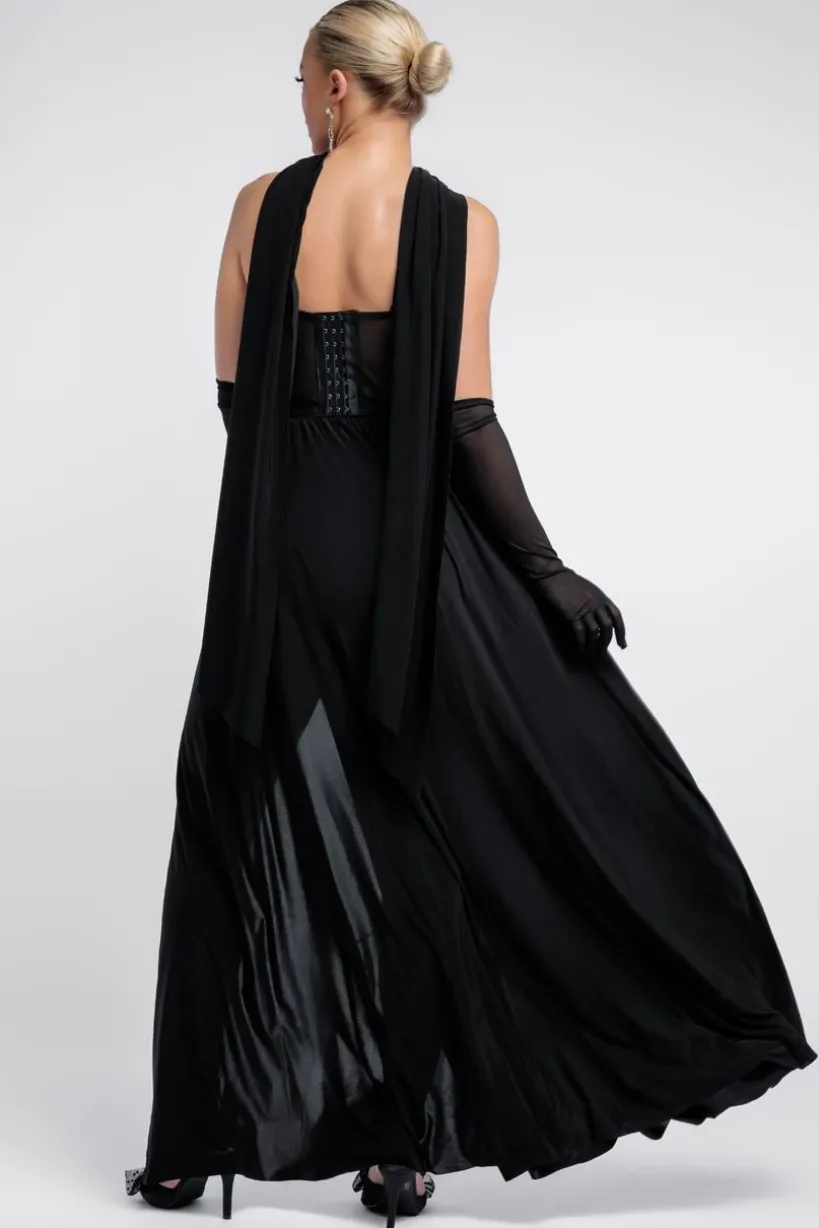 Sequin Corset Side Split Jersey Maxi Skirt With Scarf & Stretch Mesh Gloves - Black & Silver by Goddiva