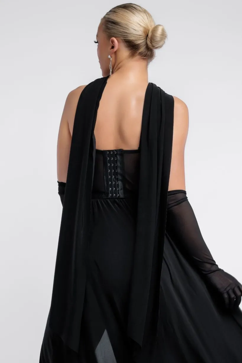 Sequin Corset Side Split Jersey Maxi Skirt With Scarf & Stretch Mesh Gloves - Black & Silver by Goddiva
