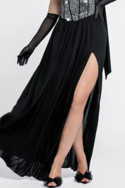 Sequin Corset Side Split Jersey Maxi Skirt With Scarf & Stretch Mesh Gloves - Black & Silver by Goddiva