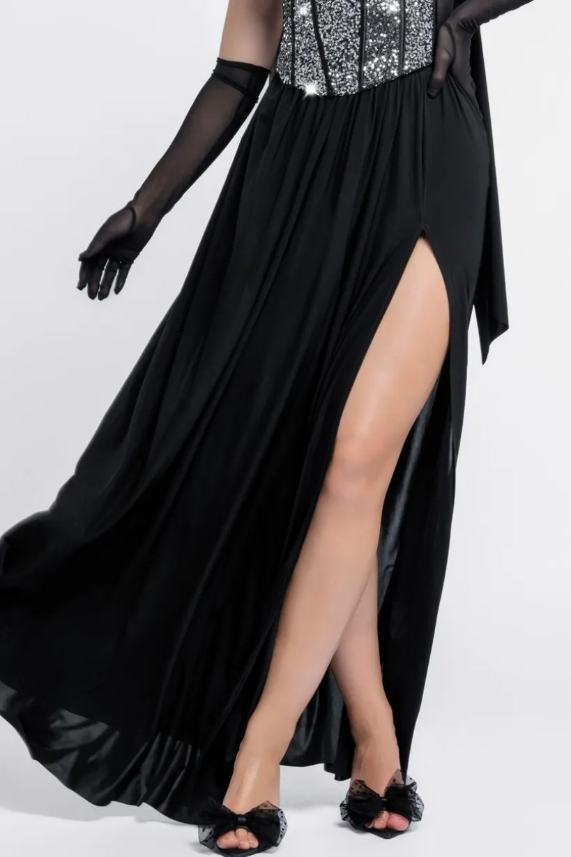 Sequin Corset Side Split Jersey Maxi Skirt With Scarf & Stretch Mesh Gloves - Black & Silver by Goddiva