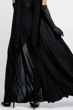 Sequin Corset Side Split Jersey Maxi Skirt With Scarf & Stretch Mesh Gloves - Black & Silver by Goddiva