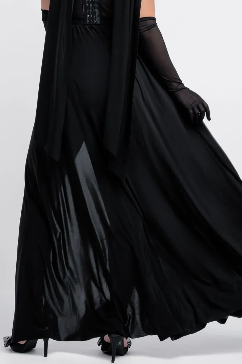 Sequin Corset Side Split Jersey Maxi Skirt With Scarf & Stretch Mesh Gloves - Black & Silver by Goddiva
