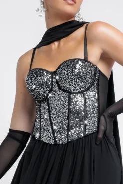 Sequin Corset Side Split Jersey Maxi Skirt With Scarf & Stretch Mesh Gloves - Black & Silver by Goddiva