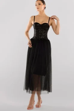 Sequin Corset Tulle Gathered Midaxi Skirt & Soft Touch Jersey Scarf - Black by Goddiva