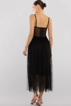Sequin Corset Tulle Gathered Midaxi Skirt & Soft Touch Jersey Scarf - Black by Goddiva