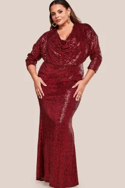 Sequin Cowl Maxi Dress - Wine by Goddiva Plus