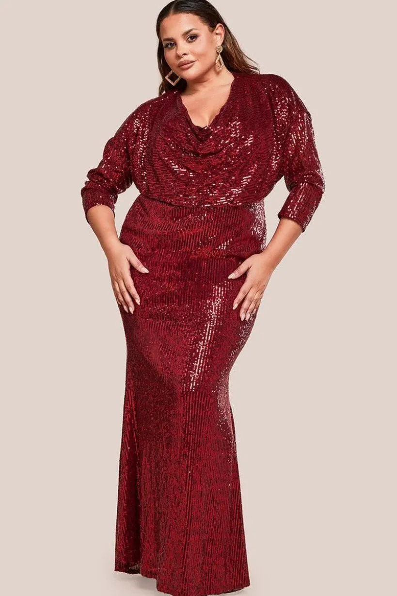 Sequin Cowl Maxi Dress - Wine by Goddiva Plus