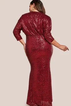 Sequin Cowl Maxi Dress - Wine by Goddiva Plus