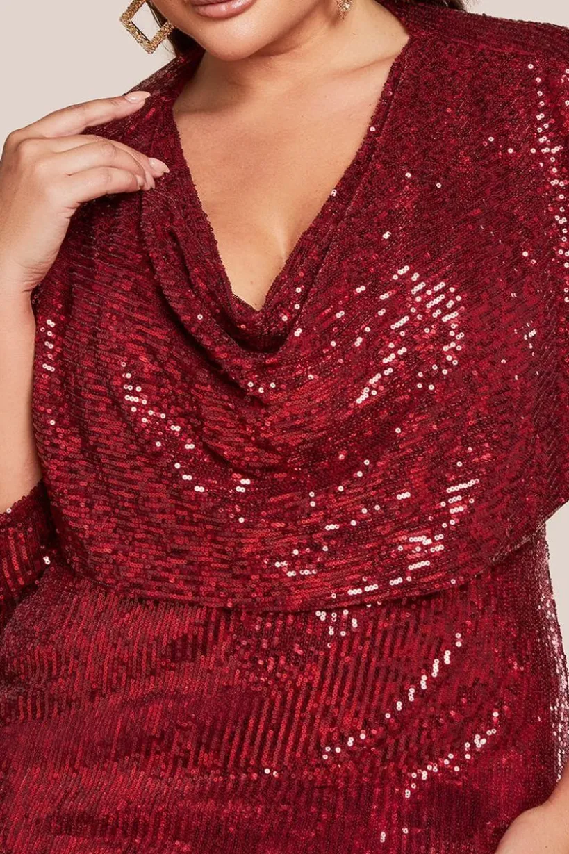 Sequin Cowl Maxi Dress - Wine by Goddiva Plus