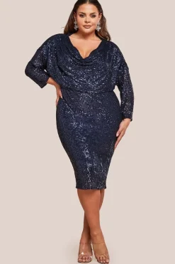 Sequin Cowl Neck Midi Dress - Navy by Goddiva Plus