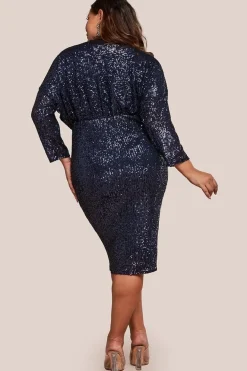 Sequin Cowl Neck Midi Dress - Navy by Goddiva Plus