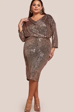 Sequin Cowl Neck Midi Dress - Champagne by Goddiva Plus