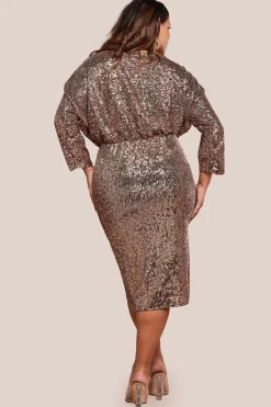 Sequin Cowl Neck Midi Dress - Champagne by Goddiva Plus