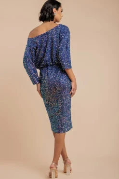 Sequin Cowl Neck Midi Dress - Royal Blue by Goddiva