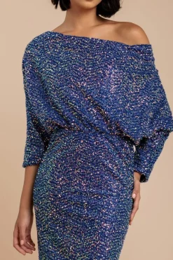 Sequin Cowl Neck Midi Dress - Royal Blue by Goddiva