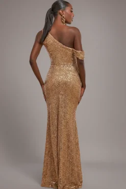 Sequin Cowl One Shoulder Maxi Dress - Gold by Goddiva