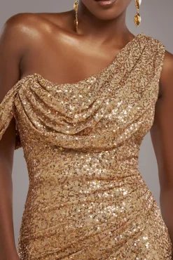 Sequin Cowl One Shoulder Maxi Dress - Gold by Goddiva