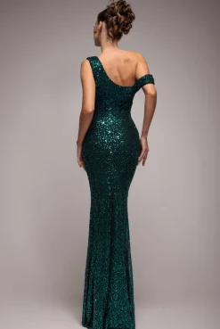 Sequin Cowl One Shoulder Maxi Dress - Emerald Green by Goddiva