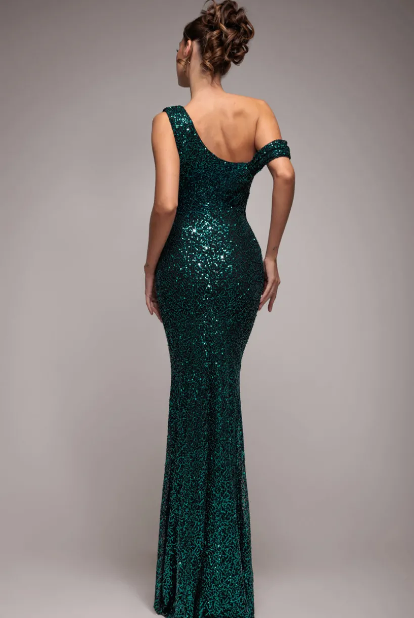 Sequin Cowl One Shoulder Maxi Dress - Emerald Green by Goddiva