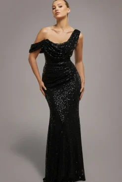 Sequin Cowl One Shoulder Maxi Dress - Black by Goddiva