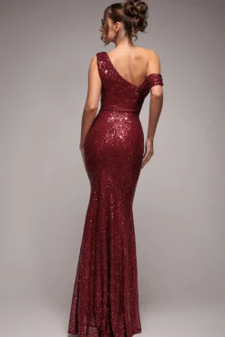 Sequin Cowl One Shoulder Maxi Dress - Wine by Goddiva