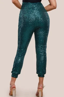 Sequin Cuffed Ankle Trouser - Emerald by Goddiva
