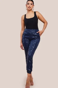Sequin Cuffed Ankle Trouser - Navy by Goddiva