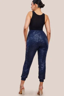 Sequin Cuffed Ankle Trouser - Navy by Goddiva