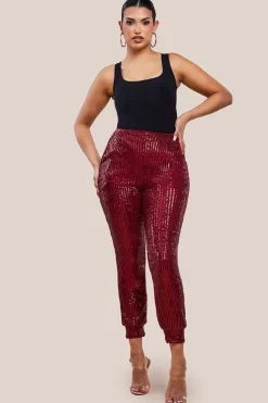 Sequin Cuffed Ankle Trouser - Wine by Goddiva