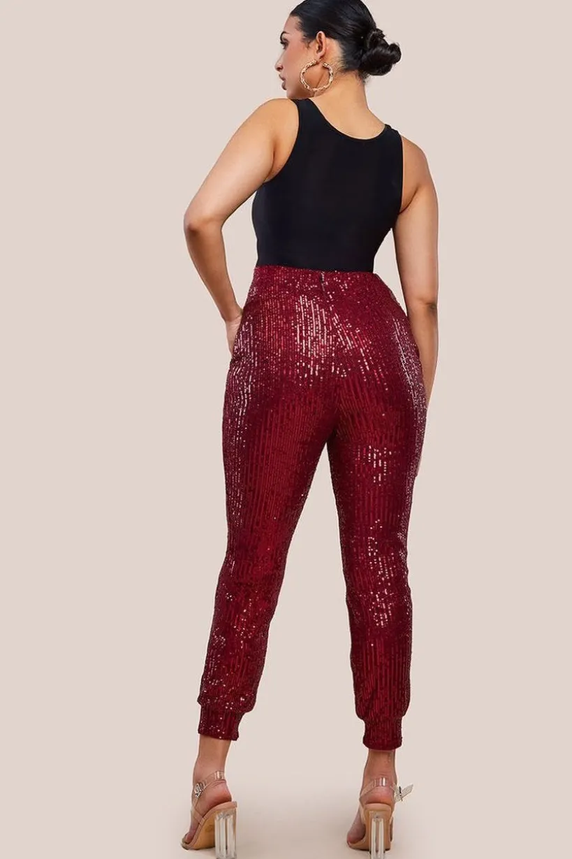 Sequin Cuffed Ankle Trouser - Wine by Goddiva
