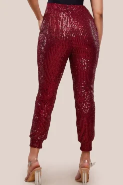 Sequin Cuffed Ankle Trouser - Wine by Goddiva