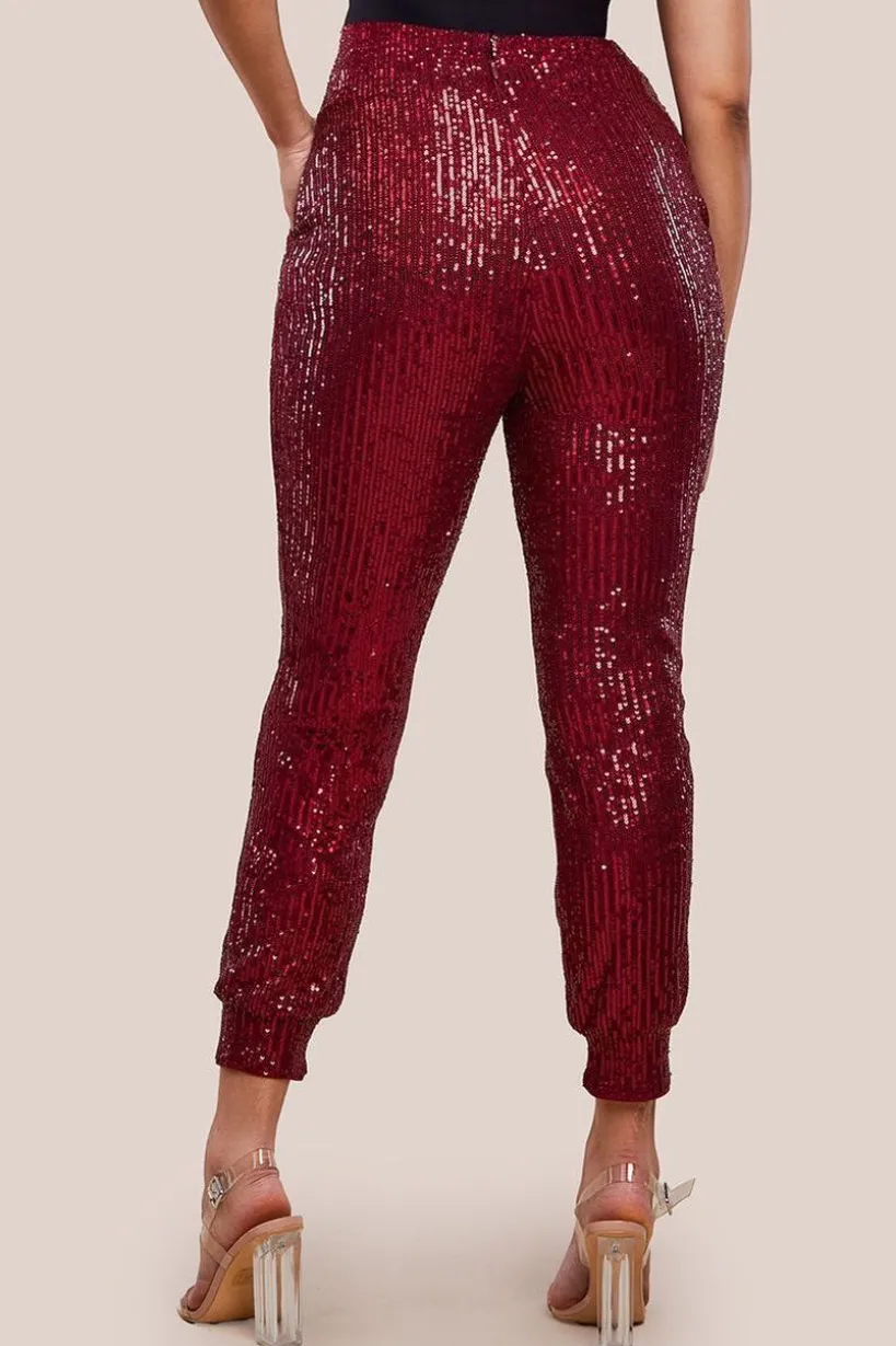 Sequin Cuffed Ankle Trouser - Wine by Goddiva