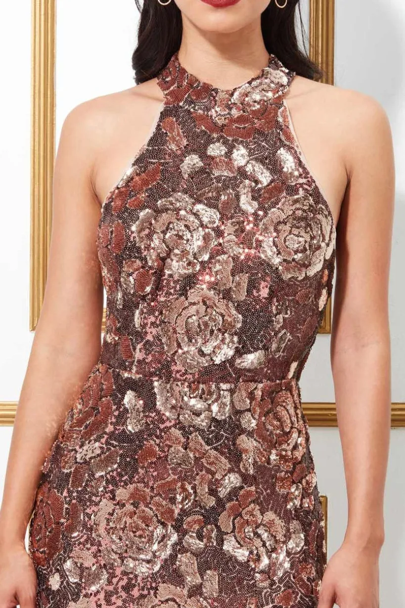 Sequin Embroidered Halterneck Evening Maxi - Champagne by Goddiva