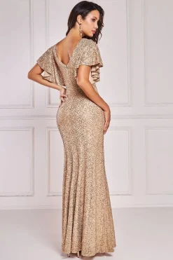 Sequin Flutter Sleeve Maxi - Gold by Goddiva