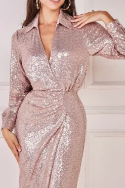 Sequin Front Split Shirt Dress - Champagne by Goddiva