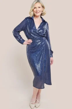 Sequin Front Split Shirt Dress - Navy by Goddiva