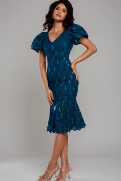 Sequin Lace Puff Sleeve Fit & Flare Midi Dress - Teal Blue by Goddiva