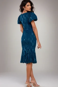 Sequin Lace Puff Sleeve Fit & Flare Midi Dress - Teal Blue by Goddiva