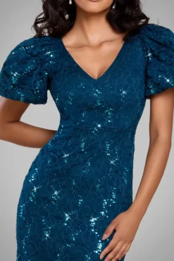 Sequin Lace Puff Sleeve Fit & Flare Midi Dress - Teal Blue by Goddiva