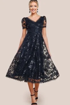 Sequin Lace Short Sleeve A-Line Midi Dress - Black by Goddiva