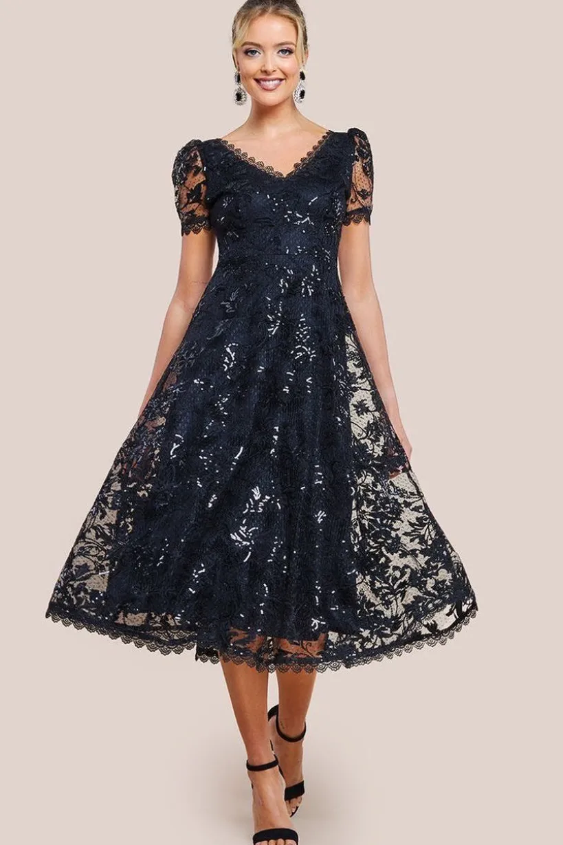Sequin Lace Short Sleeve A-Line Midi Dress - Black by Goddiva