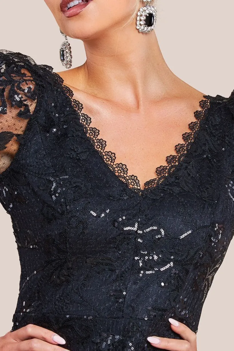 Sequin Lace Short Sleeve A-Line Midi Dress - Black by Goddiva