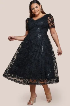 Sequin Lace Short Sleeve A-Line Midi Dress - Black by Goddiva Plus