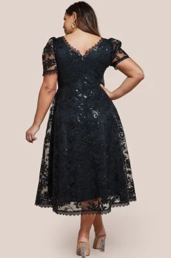 Sequin Lace Short Sleeve A-Line Midi Dress - Black by Goddiva Plus