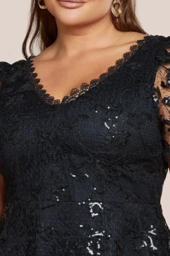 Sequin Lace Short Sleeve A-Line Midi Dress - Black by Goddiva Plus