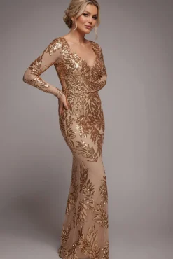 Sequin Leaf Long Sleeve Maxi Dress - Gold by Goddiva
