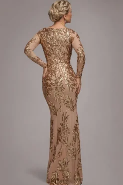 Sequin Leaf Long Sleeve Maxi Dress - Gold by Goddiva