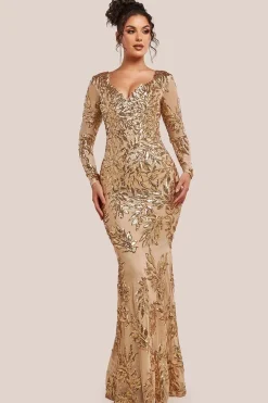 Sequin Leaf Long Sleeve Maxi Dress - Gold by Goddiva